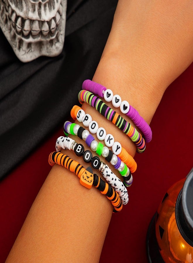 SKYFUN Halloween Bracelets for Women Stackable Surfer Heishi Bracelet Preppy Clay Bead Stretch Bracelets Bulk Halloween Party Cosplay Costume Outfits Jewelry Accessories, 6PCS BOO SPOOKY - Image 4