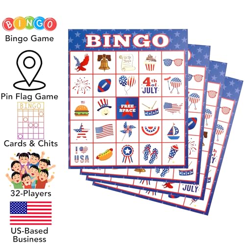 Iconikal 32 Player Bingo Game Set Patriotic American Flag America Map Independence Day 4th of July Games with Extra Pinning Game - Image 5