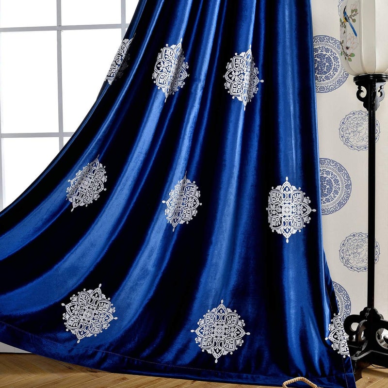 VOGOL Embroidered Blackout Curtains for Living Room, Blue Velvet Curtain Window Panels for Bedroom, 52x63, 2 Panels - Image 1