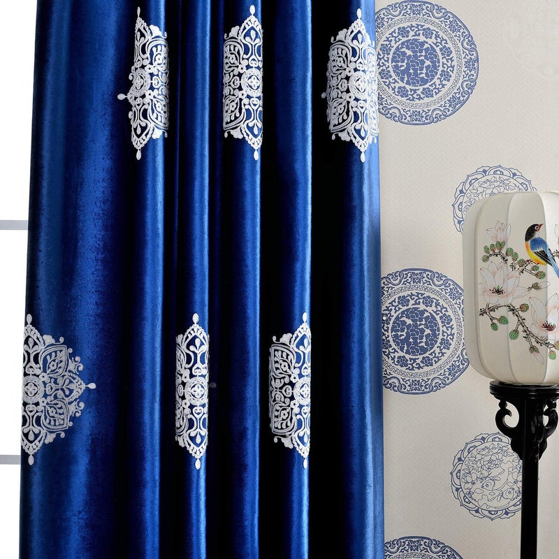 VOGOL Embroidered Blackout Curtains for Living Room, Blue Velvet Curtain Window Panels for Bedroom, 52x63, 2 Panels - Image 4