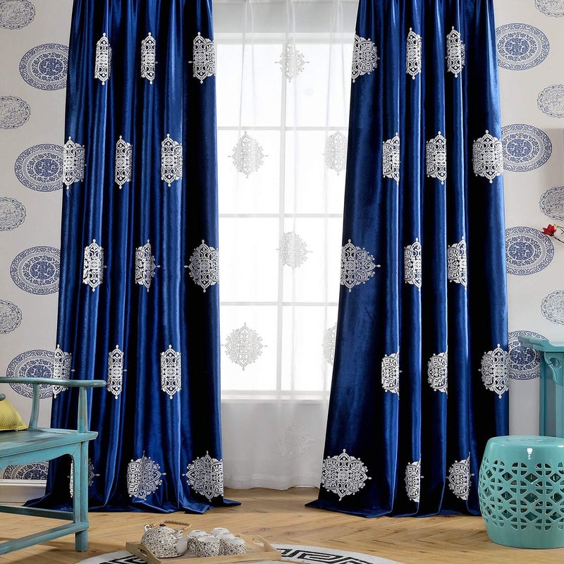 VOGOL Embroidered Blackout Curtains for Living Room, Blue Velvet Curtain Window Panels for Bedroom, 52x63, 2 Panels - Image 3