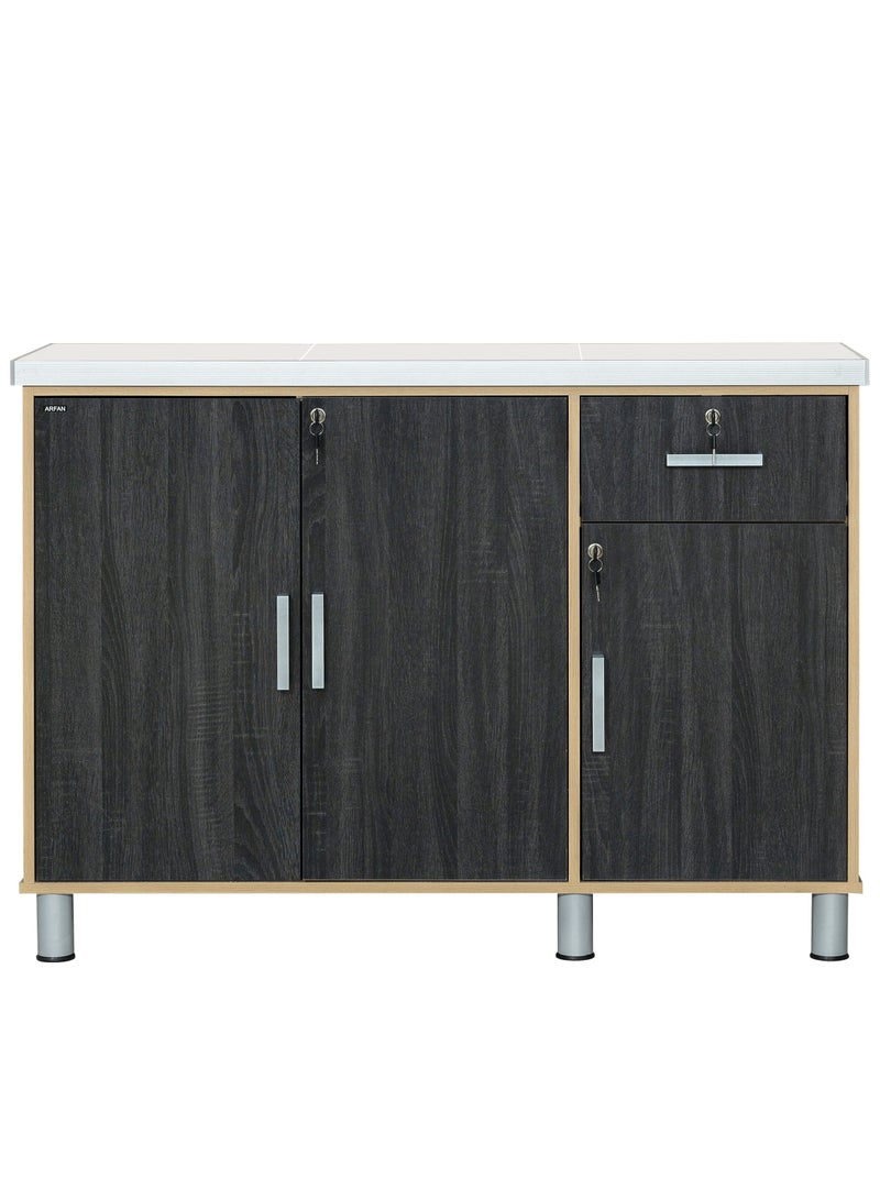 Furniture Factory Arfan Lake Series Stylish 3-Door Kitchen Cabinet with Elegant (Ceramic top) Tile Top and Drawer aluminum profile edge – Perfect for Storage & Display, Durable (Ceramic Top) Tile Top – Ideal for Home Organization, Space-Saving Design, Enhance Your Kitchen Décor. Versatile 3-Door Kitchen Cabinet with Sturdy Tile Top and drawer Stylish Storage Solution. Soft-Close Doors. (Ebony Wood/Sonom oak)  - Image 3