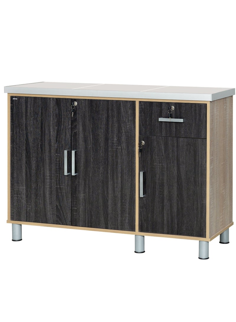 Furniture Factory Arfan Lake Series Stylish 3-Door Kitchen Cabinet with Elegant (Ceramic top) Tile Top and Drawer aluminum profile edge – Perfect for Storage & Display, Durable (Ceramic Top) Tile Top – Ideal for Home Organization, Space-Saving Design, Enhance Your Kitchen Décor. Versatile 3-Door Kitchen Cabinet with Sturdy Tile Top and drawer Stylish Storage Solution. Soft-Close Doors. (Ebony Wood/Sonom oak)  - Image 1