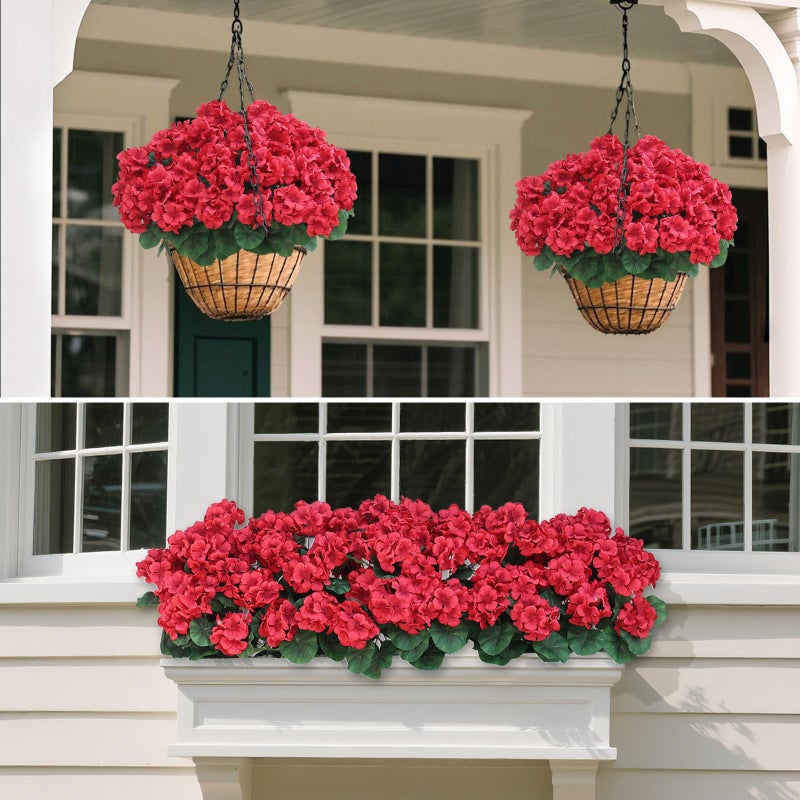 Juxdp 8 Bundles18" Artificial Geranium Flowers for Outdoor Spring Summer Decoration,Fake Silk Geranium Faux Plants UV Resistant for Front Door Planter Outside Home Garden Balcony Yard Porch Decor (Red) - Image 5