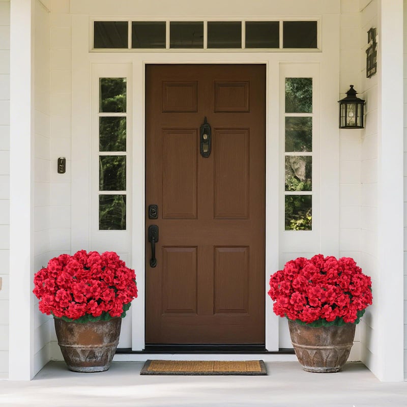 Juxdp 8 Bundles18" Artificial Geranium Flowers for Outdoor Spring Summer Decoration,Fake Silk Geranium Faux Plants UV Resistant for Front Door Planter Outside Home Garden Balcony Yard Porch Decor (Red) - Image 3
