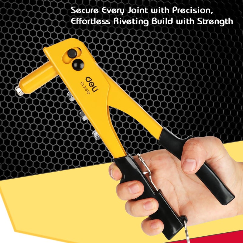 Deli DL2310 10 Hand Rivet Gun CrMo Alloy Steel x cv Construction with 2448mm Replaceable Nozzles Ergonomic Heavy Duty Riveter Designed for DIY and Professional Use 1Pc Yellow and Black - Image 4