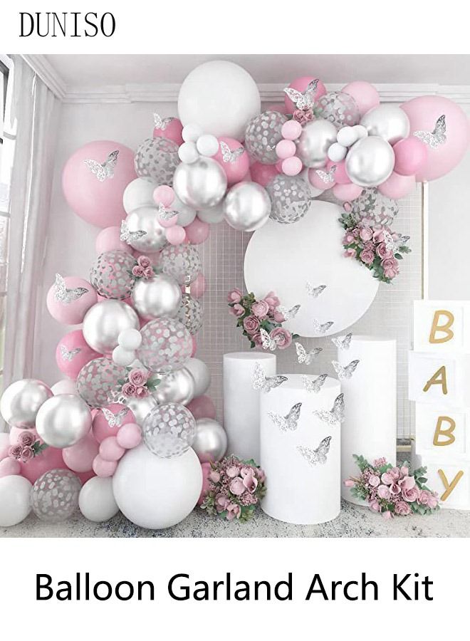 DUNISO 144PCS PCS Balloon Garland Arch Kit With Butterfly Stickers Metallic Pastel White Pink Latex Balloons Set For Baby Wedding Birthday Party Background Decorations School Opening Ceremony - Image 1