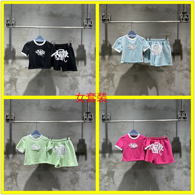 Summer Trendy Men'S And Women'S Suits English Letter Foam Short-Sleeved Shorts Suit - Image 5