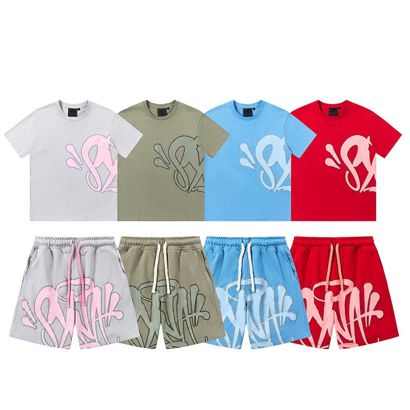 Summer Trendy Men'S And Women'S Suits English Letter Foam Short-Sleeved Shorts Suit - Image 4