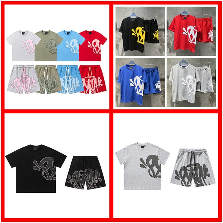 Summer Trendy Men'S And Women'S Suits English Letter Foam Short-Sleeved Shorts Suit - Image 2