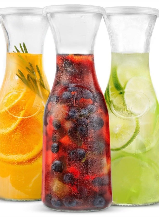 Kook كاراف زجاجي، مستلزمات بار ميموزا، إبريق كاراف مع غطاء، مجموعة من 3، إبريق ماء زجاجي، موزعات مشروبات للحفلات، شاي، نبيذ، وعصير، أغطية بلاستيكية، آمنة في غسالة الصحون، 35 أونصة - Image 1