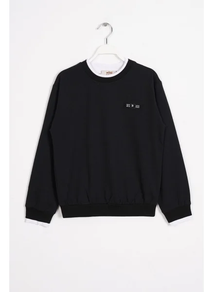Zepkids Black Color Boy's Sweatshirt with Garnished Collar and Sleeves