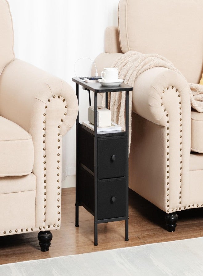 LOAKEKEL Narrow End Table Living Room with Charging Station, Skinny Side Table with Fabric Drawers, Slim Nightstand for Bedroom, Small Spaces, Couch, Black, HETNDP02BK-1 - Image 4