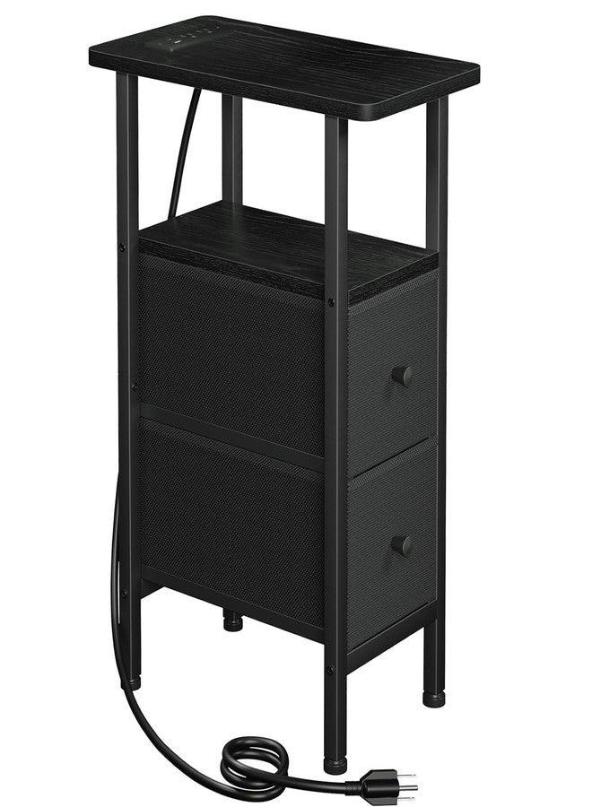 LOAKEKEL Narrow End Table Living Room with Charging Station, Skinny Side Table with Fabric Drawers, Slim Nightstand for Bedroom, Small Spaces, Couch, Black, HETNDP02BK-1 - Image 1