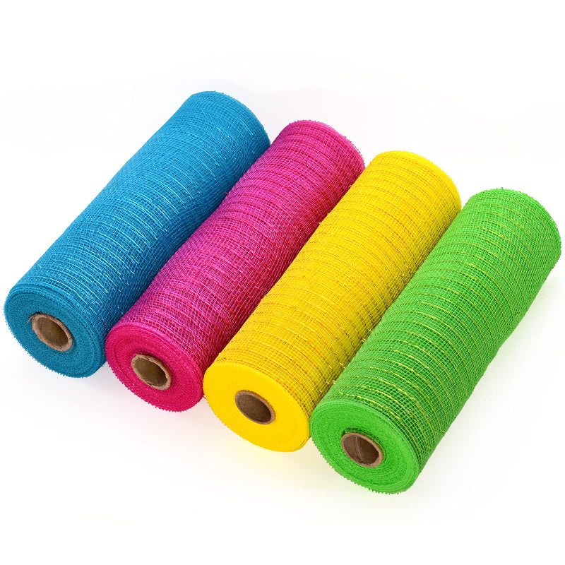 Koopi Deco Mesh 10 inch x 10 Yards Spring Colors Metallic Foil Poly Mesh Ribbon for Wreaths Swags Craft Party and Decorating Supplies 4 RollsTurquoise Fuchsia Green Yellow