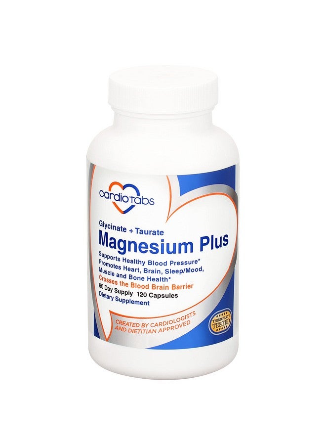 Cardiotabs Magnesium Plus - 200 mg of Magnesium Glycinate and Magnesium Taurate for Blood Pressure, Heart, Brain, Sleep & Mood Support - Highly Concentrated and Well Absorbed - 120 Capsules - Image 1