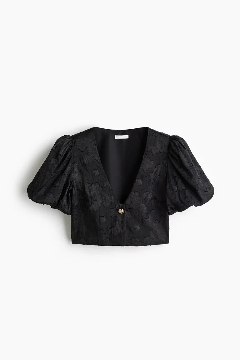 H&M Cropped jacquard-weave blouse