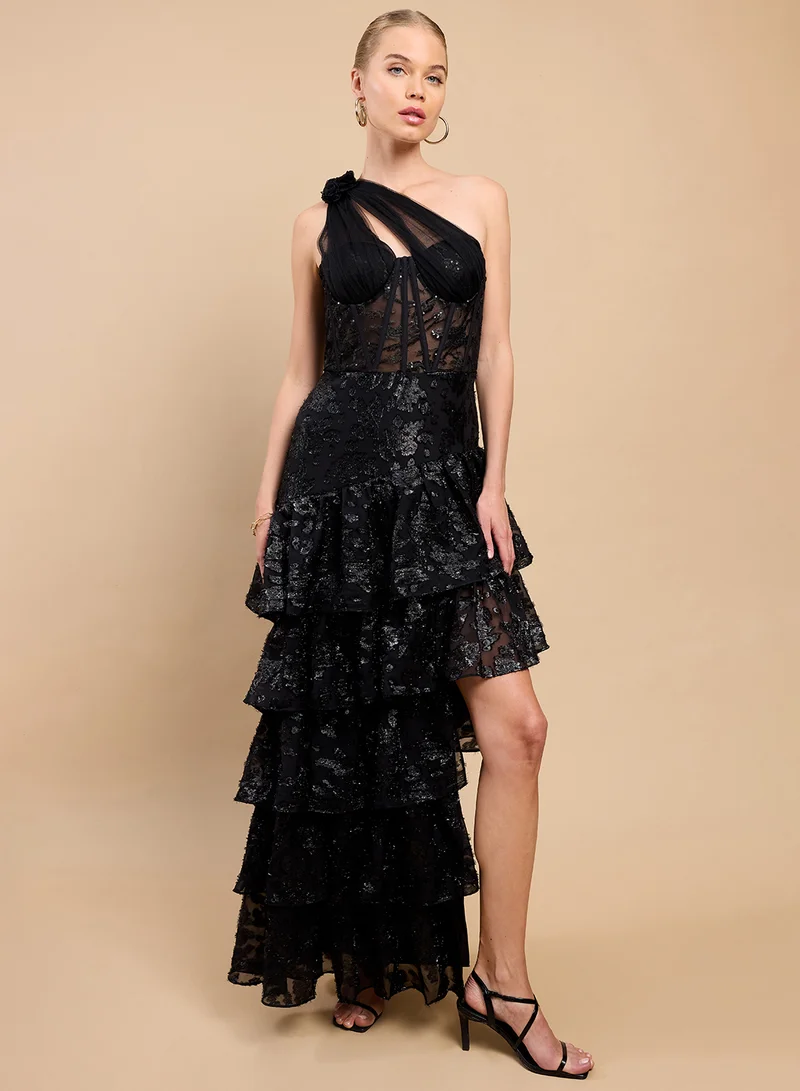 Little Mistress One Shoulder Ruffle Detail Maxi Dress