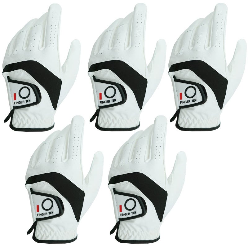 FINGER TEN Golf Gloves Men Left Hand Right with Ball Marker Pack, Mens Leather Golf Glove All Weather Grip, Fit Size Small Medium ML Large XL (White(Men Gloves), Medium(Worn On Right Hand)) - Image 1