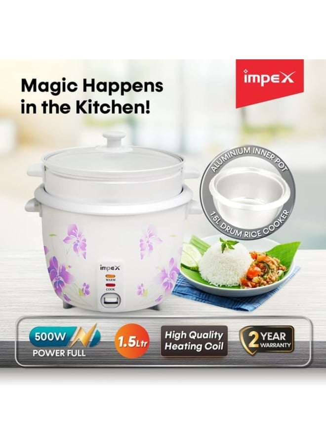 Electric Rice Cooker, Drum Cooker, Automatic Cooking, Keep Warm, Safety Protection, Cool Touch Body, Carrying Handle, Measuring Cup, Spoon, Steamer 1.5 L 500 W RC 2802 Multicolour  - Image 3