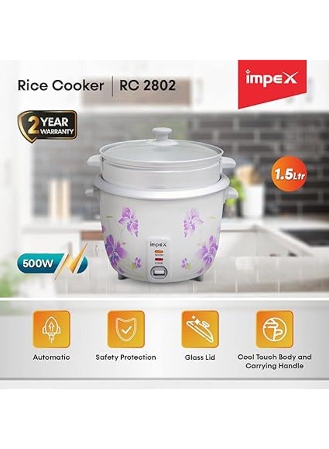 Electric Rice Cooker, Drum Cooker, Automatic Cooking, Keep Warm, Safety Protection, Cool Touch Body, Carrying Handle, Measuring Cup, Spoon, Steamer 1.5 L 500 W RC 2802 Multicolour  - Image 2