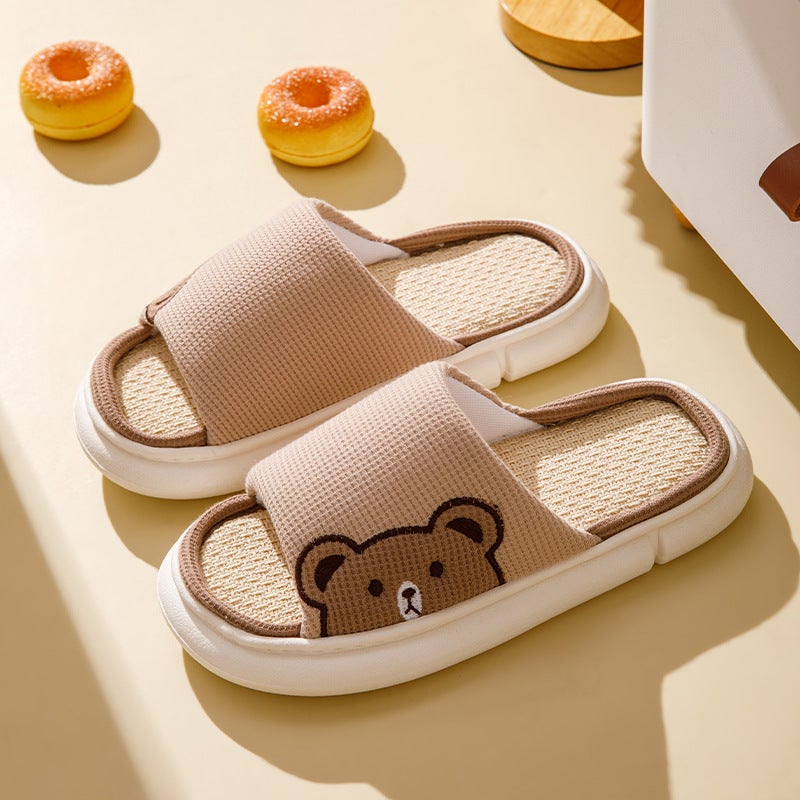 Cute Linen Slippers Anti-Slip Thick Sole for All Seasons Shallow coffee [side rabbit thick bottom]]