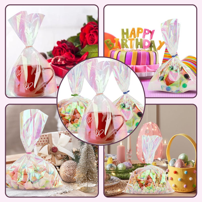 eowqeiur 50 Pcs Holographic Bags(8X11 Inch) With Colorful Ties  Clear Plastic Iridescent Cellophane Goodie Gift Treat Candy Goody Cookie Bags For Holiday Birthday Baby Shower Party Favors Supplies Decorations - Image 5