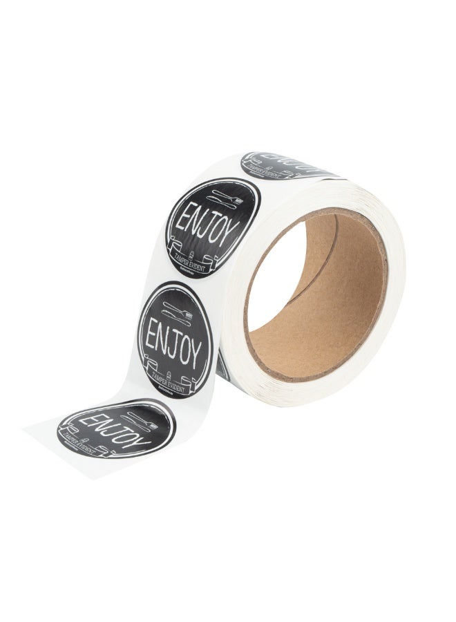 Restaurantware Label Tek 2 Inch Tamper-Evident Stickers, 500 Rolled Tamper Seal Stickers - Chalkboard Design, Enjoy Message, Black With White Font Plastic To Go Stickers, For Safe Food Delivery - Image 1