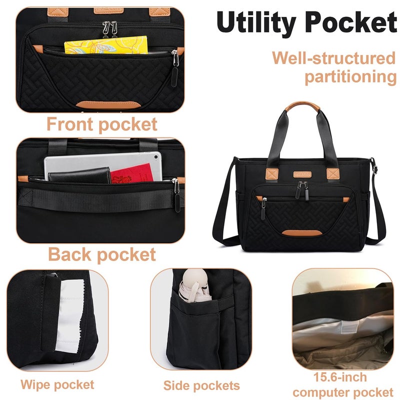 FHELAD Diaper Tote Bag, 4 in 1 Tote Diaper Bag with 16" Laptop Compartment, Baby Bag with 3 Insulated Pocket for Mam and Dad, Ideal for Travel, Work (Black) - Image 3