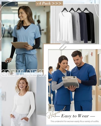 Xaatren 4 Pack Womens Underscrub Shirts Nurse Undershirts Long Sleeve Crewneck Slim Fit Tops Soft Stretchy Basic TeeBlack Dark Gray Light Gray WhiteSmall - Image 3