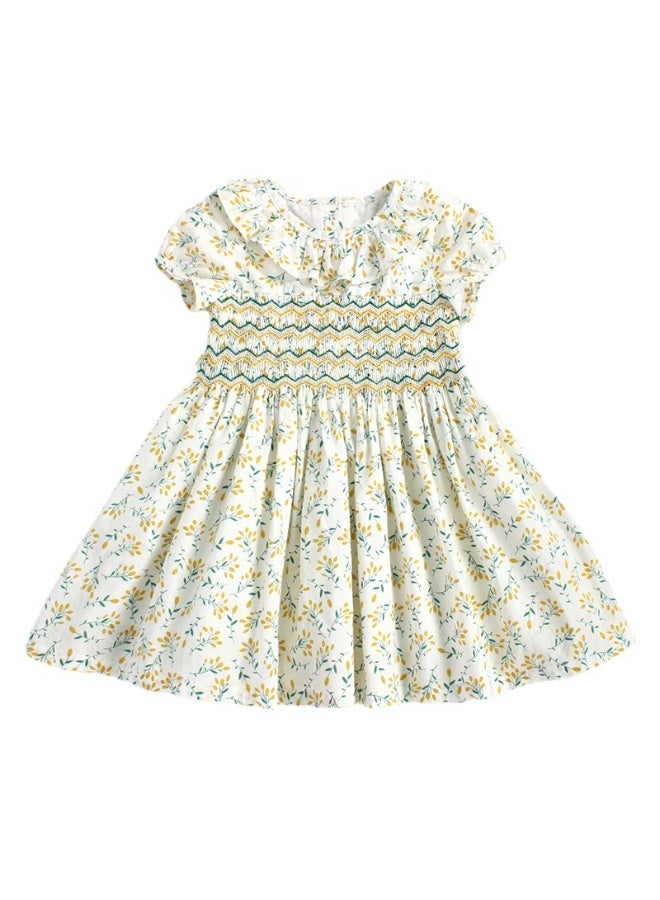 فستان قطني أنيق بلون أوف وايت للبنات (من عمر 1 إلى 7 سنوات) | تصميم أزهار باللونين الأصفر والأزرق | خفيف الوزن ومريح للحفلات - Image 5
