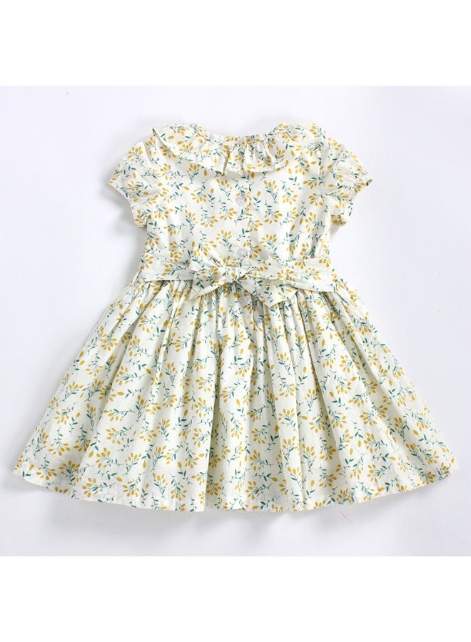 فستان قطني أنيق بلون أوف وايت للبنات (من عمر 1 إلى 7 سنوات) | تصميم أزهار باللونين الأصفر والأزرق | خفيف الوزن ومريح للحفلات - Image 3