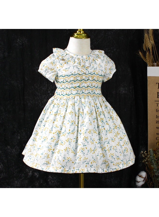 فستان قطني أنيق بلون أوف وايت للبنات (من عمر 1 إلى 7 سنوات) | تصميم أزهار باللونين الأصفر والأزرق | خفيف الوزن ومريح للحفلات - Image 1