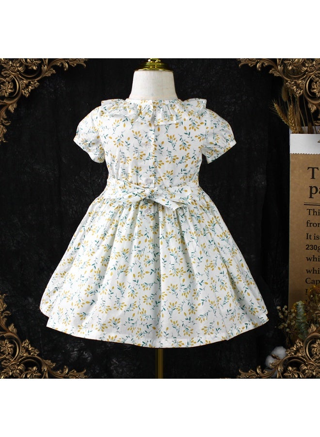 فستان قطني أنيق بلون أوف وايت للبنات (من عمر 1 إلى 7 سنوات) | تصميم أزهار باللونين الأصفر والأزرق | خفيف الوزن ومريح للحفلات - Image 2