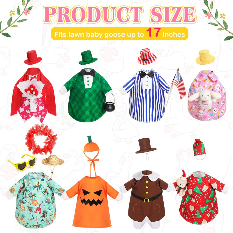 Silicherry 8 Set Holiday Seasonal Baby Goose Outfits for 17" Cement Porch Goose Statue Valentine Easter Spring St. Patrick All Season Costume for Lawn Garden Patio Indoor Outdoor Decor(Boy Style) - Image 2