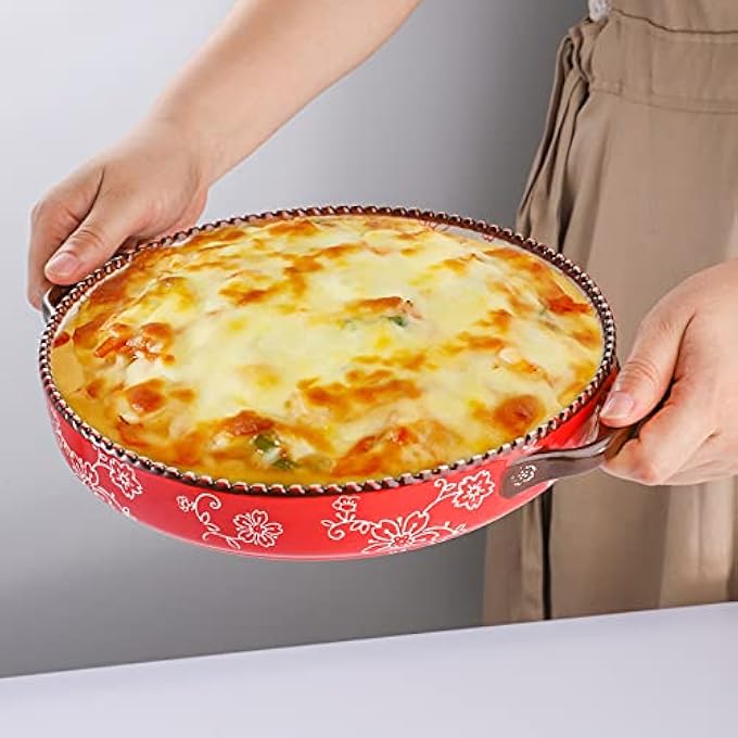 ريحني قطعتين صينية كعكة خزفية طبق كسرولة دائري بطول 9 إنش مع مقبض مزدوج طبق كيش عميق بحجم 800 مل للمطبخ تحميص لازانيا ساكورا حمراء - Image 5