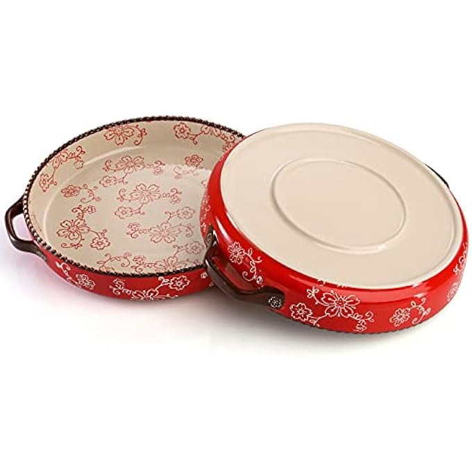 ريحني قطعتين صينية كعكة خزفية طبق كسرولة دائري بطول 9 إنش مع مقبض مزدوج طبق كيش عميق بحجم 800 مل للمطبخ تحميص لازانيا ساكورا حمراء - Image 4