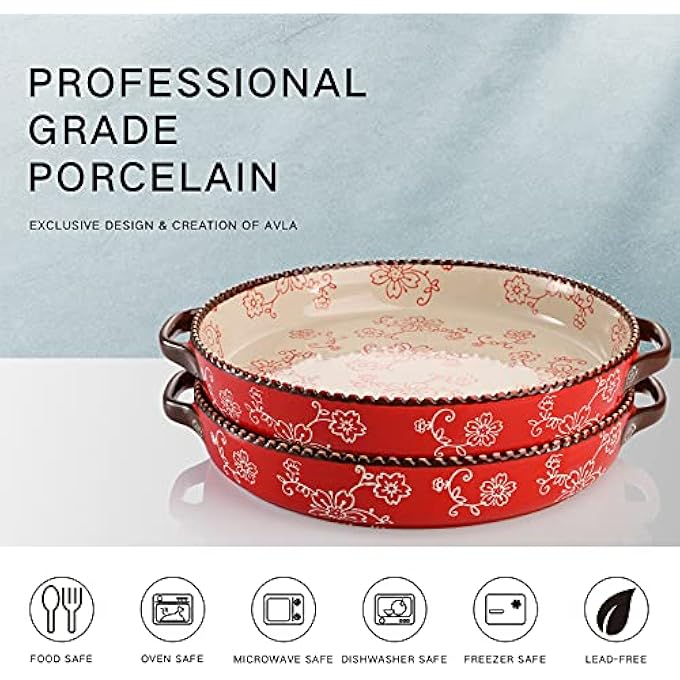 ريحني قطعتين صينية كعكة خزفية طبق كسرولة دائري بطول 9 إنش مع مقبض مزدوج طبق كيش عميق بحجم 800 مل للمطبخ تحميص لازانيا ساكورا حمراء - Image 3