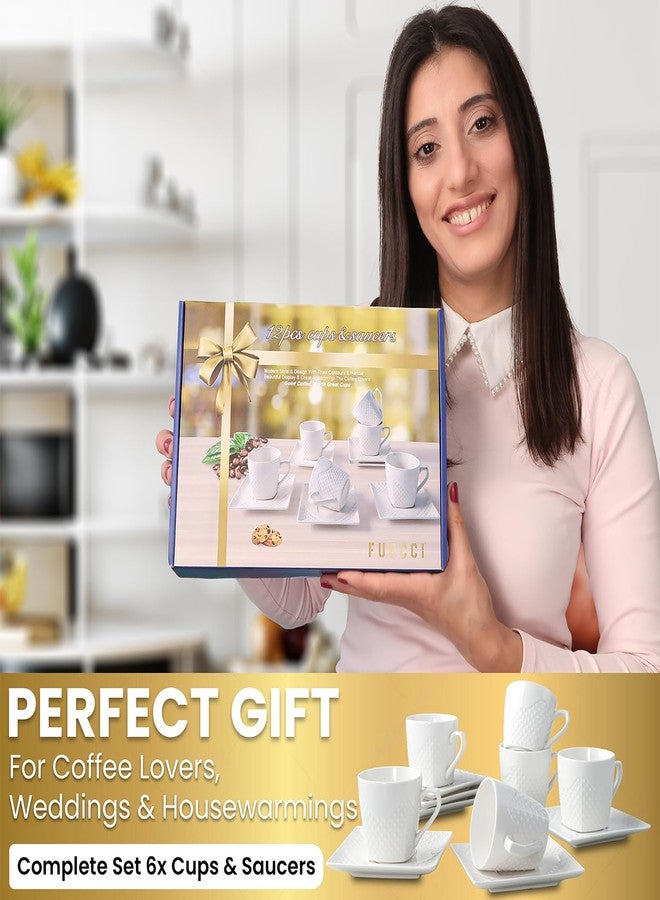 FUOCCI Italian Espresso Cups With Saucer - 3.5oz Ceramic Espresso Cups Set of 6; Turkish Coffee Cup Set; Demitasse Espresso Cup Set; Espresso Mugs White; Cuban Coffee Cups; Expresso Cups; Coffee Gifts - Image 2