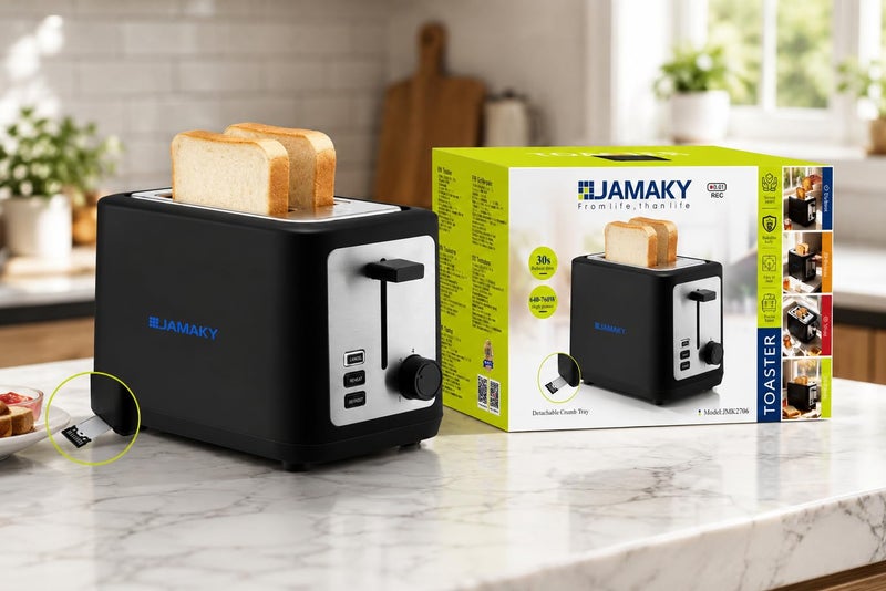 Jamaki 2 Slice Toaster Large Size With 3 Functions 760W Crumb Drawer With 7 Heat Levels, Black - jmk2706 - Image 1