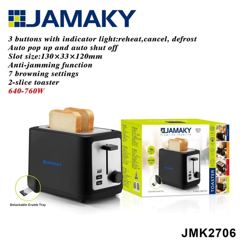Jamaki 2 Slice Toaster Large Size With 3 Functions 760W Crumb Drawer With 7 Heat Levels, Black - jmk2706 - Image 4
