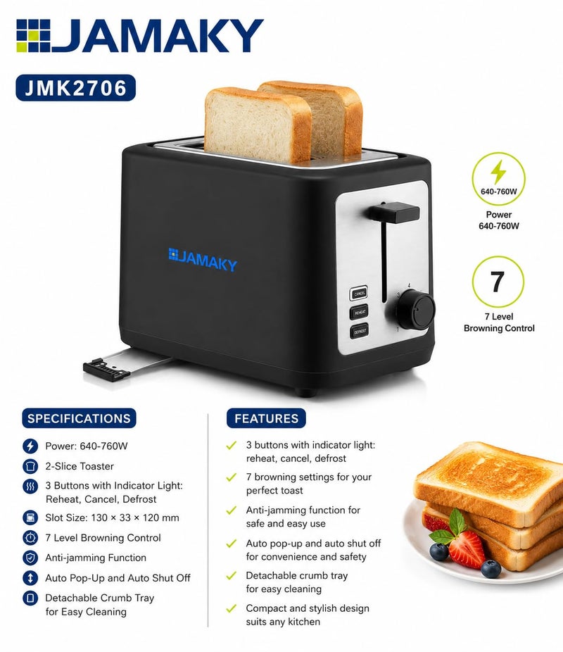 Jamaki 2 Slice Toaster Large Size With 3 Functions 760W Crumb Drawer With 7 Heat Levels, Black - jmk2706 - Image 2