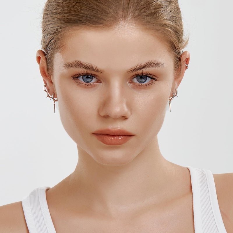 FANZE 3PCS Hoop Earrings Set Stack for Women Cubic Zircon Sliver Spike Huggie Earring for Multiple Piercing Hypoallergenic Punk Fashion Jewelry Gift - Image 3
