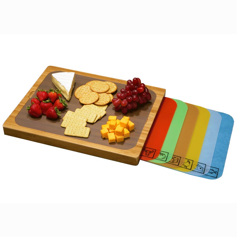 Seville Classics Bamboo Premium Wood Cutting Board Serving Tray w/ 7 Color-Coded BPA-Free Mats, for Chopping Bread, Cheese, Fruits, Vegetables, Meats, Charcuterie (PATENTED), Bamboo (NEW MODEL) - Image 1