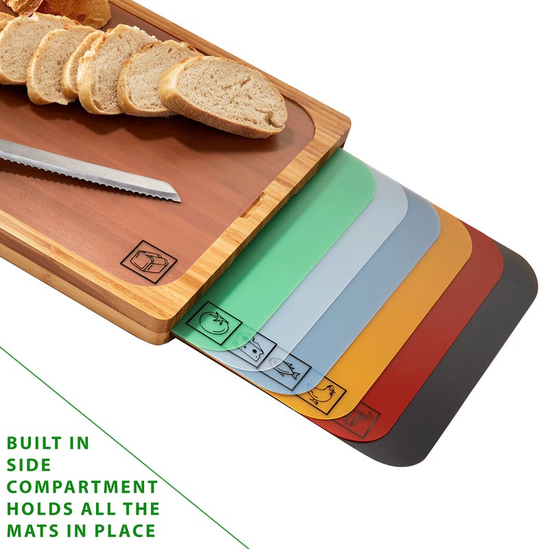 Seville Classics Bamboo Premium Wood Cutting Board Serving Tray w/ 7 Color-Coded BPA-Free Mats, for Chopping Bread, Cheese, Fruits, Vegetables, Meats, Charcuterie (PATENTED), Bamboo (NEW MODEL) - Image 4