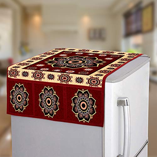 E-Retailer® Polyester 2-Layered Fridge Top Cover/Refrigerator Cover With 6 Utility Pockets (Color-Maroon, Size-39x21 Inches) - Image 1