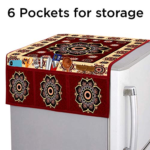 E-Retailer® Polyester 2-Layered Fridge Top Cover/Refrigerator Cover With 6 Utility Pockets (Color-Maroon, Size-39x21 Inches) - Image 2