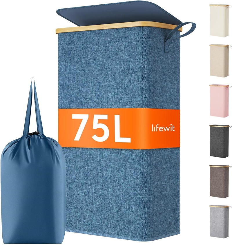 Lifewit 75L Slim Laundry Hamper with Lid, Narrow Laundry Basket with Removable Bag & Bamboo Handles, Fodable Thin Dirty Clothes Hamper for Laundry Collapsible Bin for Bathroom Bedroom Dorm, Dark Blue - Image 1
