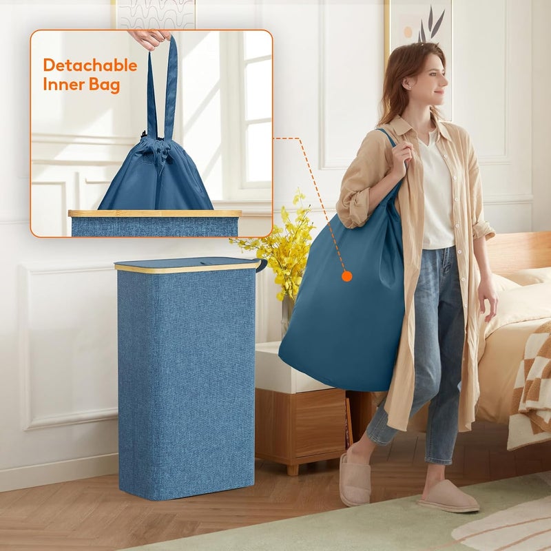 Lifewit 75L Slim Laundry Hamper with Lid, Narrow Laundry Basket with Removable Bag & Bamboo Handles, Fodable Thin Dirty Clothes Hamper for Laundry Collapsible Bin for Bathroom Bedroom Dorm, Dark Blue - Image 4