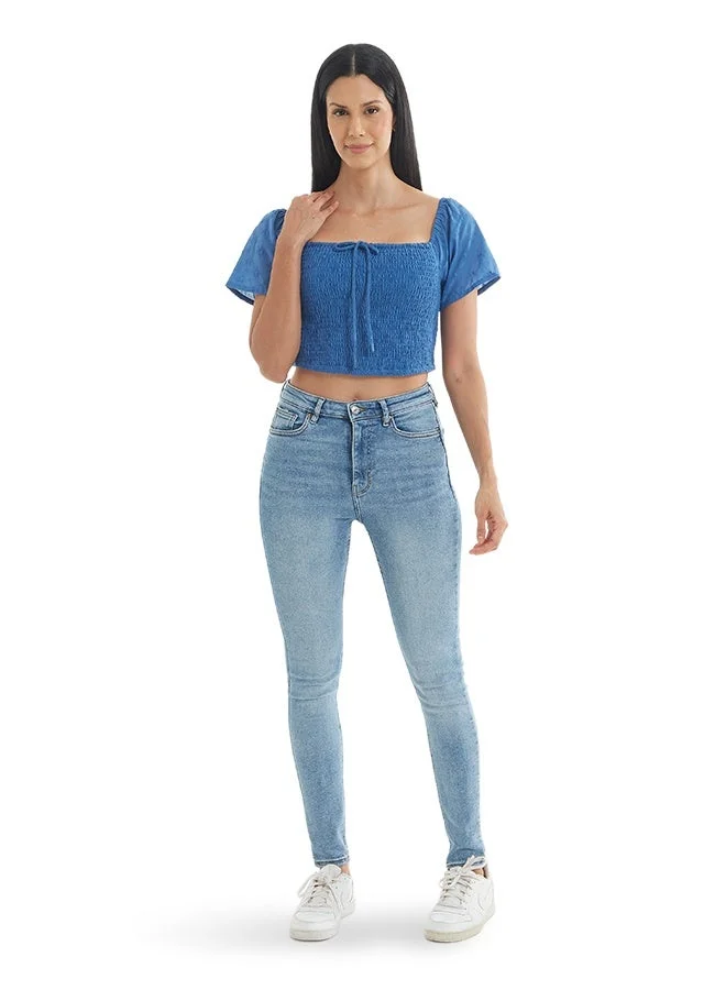 Asharae  Women's Swiss Dot Patterned Short Sleeve Top With Smoking  Comfortable Material, Breathable Daily Wear, Casual Fashion Outfit, Special Occasion Outfit, Trendy & Chic Apparel for Women | Best Price UAE